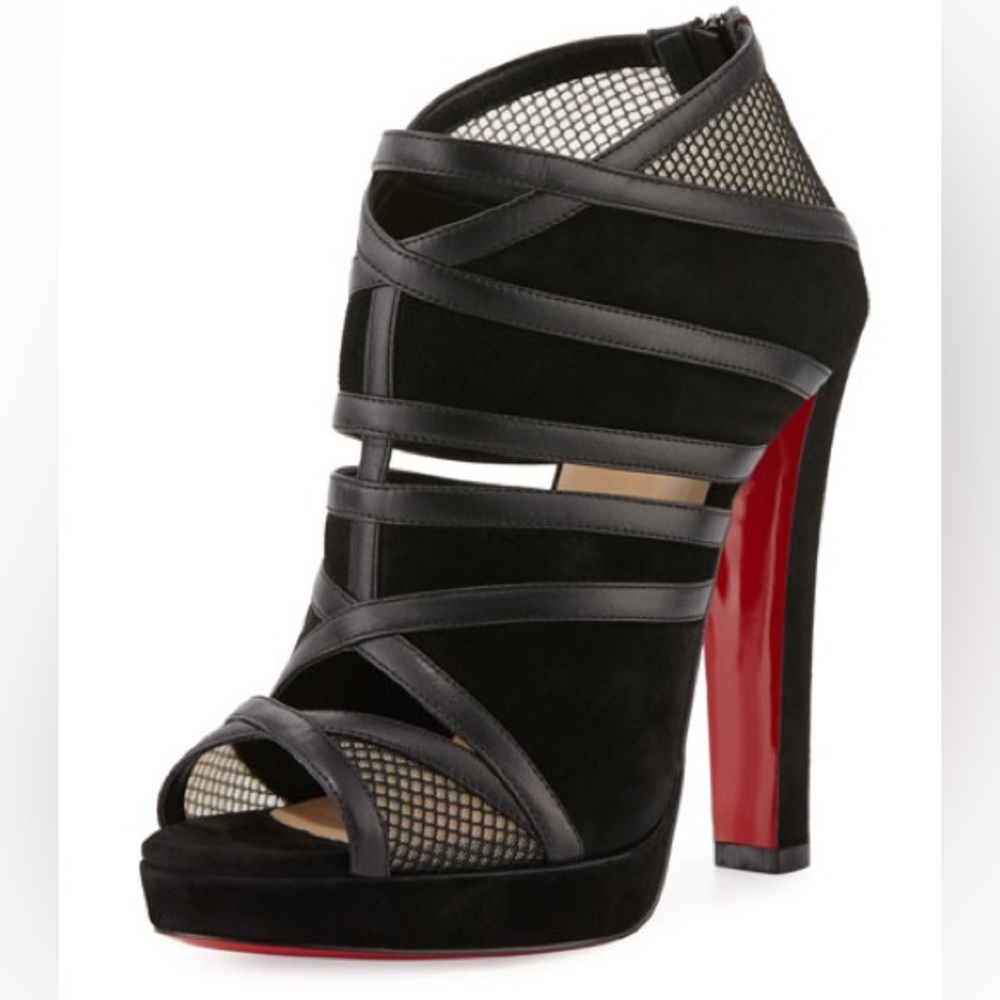 Christian Louboutin Commandanta Suede/Mesh Peep-Toe Red Sole Black Booties
